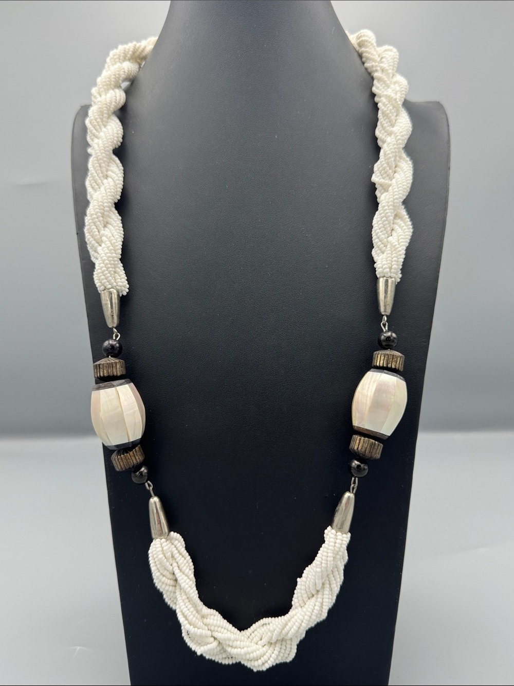 Handmade Cream Beaded Braided Necklace with Natural Accents